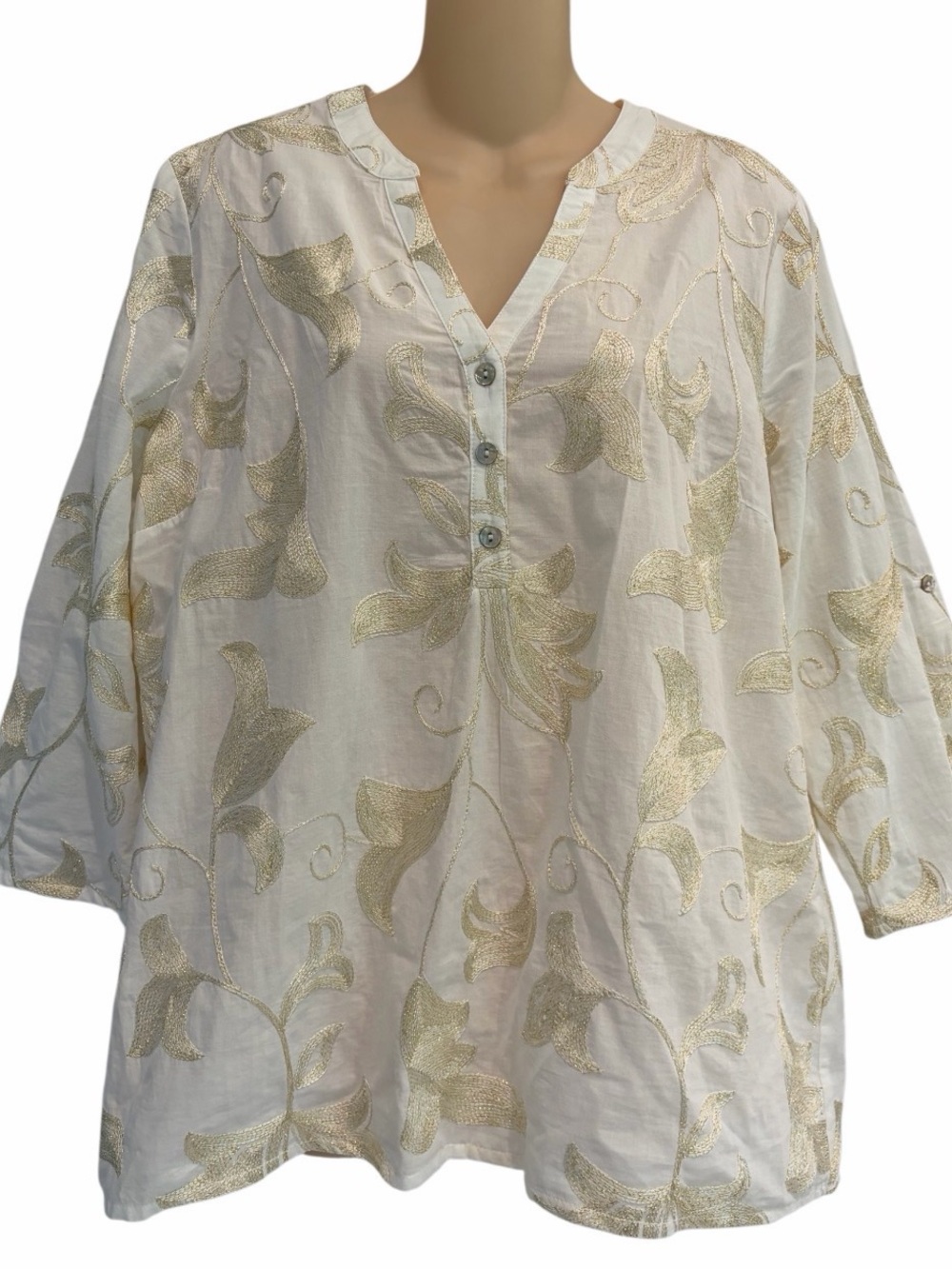 Charlie B Gold Embroidered Tunic Top Roll Tab Sleeve Size Large NWOT